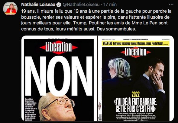 Capture d'écran d'un tweet de nathalie loiseau, députée européenne macroniste, expliquant que la gauche a perdu la boussole en refusant de faire barrage à Le Pen en 2022 si le deuxième tour était un face à face Macron / Le Pen